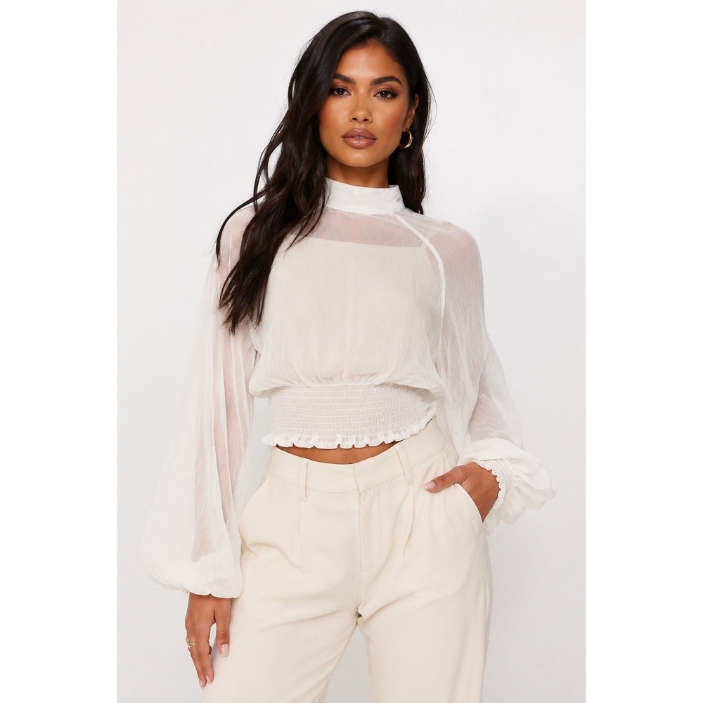 Fashion Nova Cardi B White Sheer Mock Neck Smocked Long Sleeve Blouse Top S